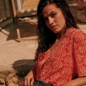 Sezane Red Printed Button-Front Blouse